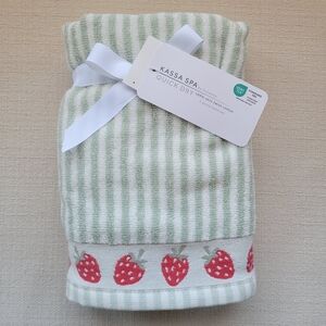 Kassa Spa Sage Green and White Striped Bathroom HandTowel with Strawberry Design